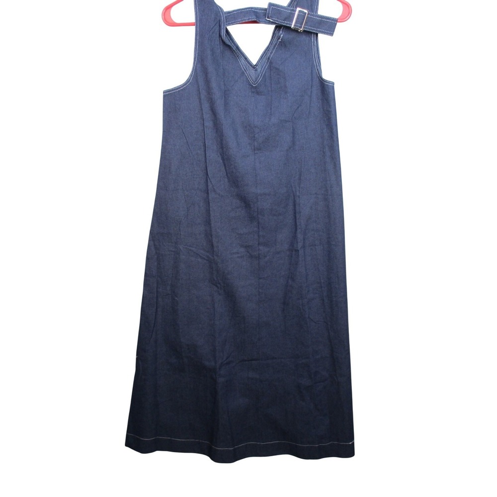 Women's Denim Belted Midi Dress Sleeveless V-Neck Dark Wash Casual A-Line Size
